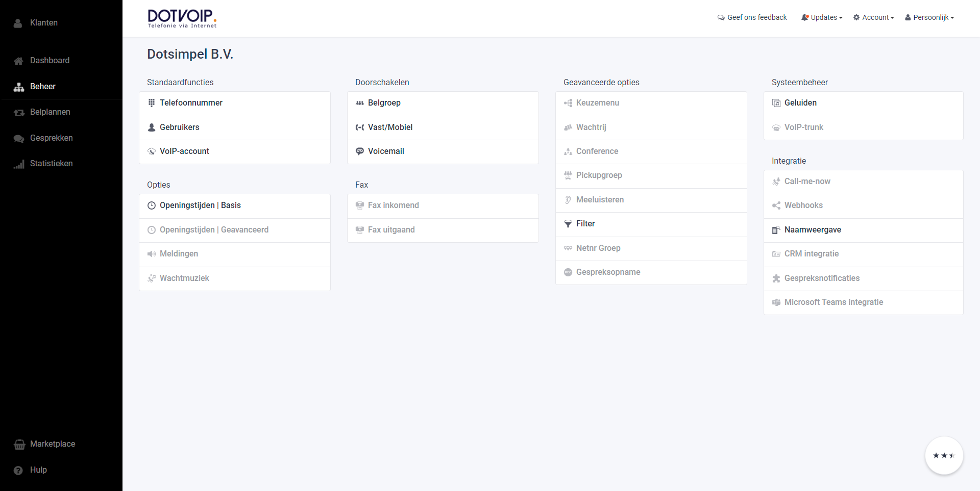 DotVoiP telefonie-software backend pagina