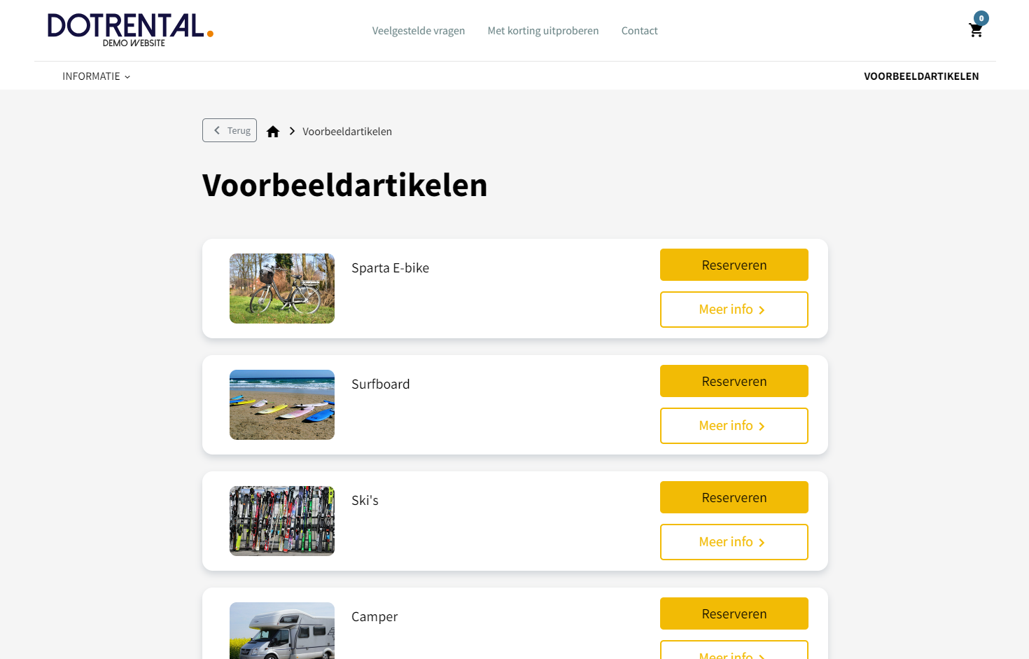 Dotrental pagina met voorbeeldartikelen in een lijst