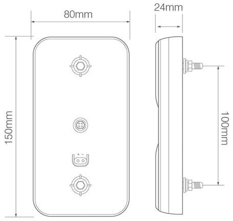 Achterlicht Universeel 10m. kabel 150 x 80 x 24mm opbouw remlicht knipperlicht    achterlicht rechthoek reflector 100mm IP67 12/24 V CE, ECE-R10 / R7 