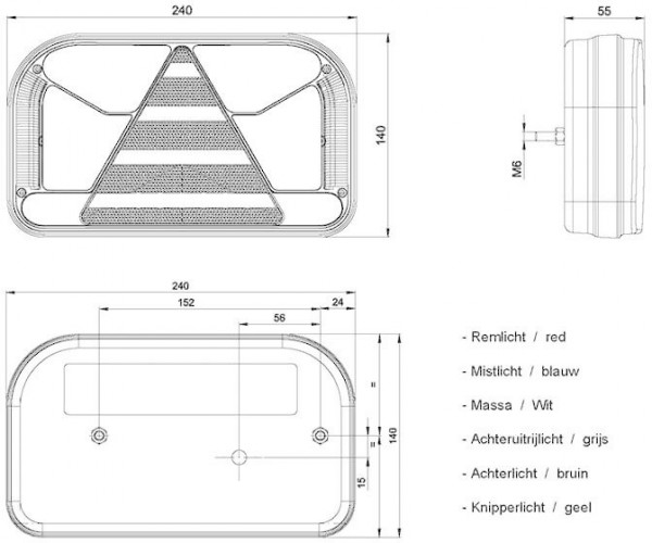 Achterlicht links 100cm kabel 240 x 140 x 55mm opbouw remlicht knipperlicht  Mistlicht Achteruitrijlicht achterlicht lengte driehoek 152mm IP68 waterp