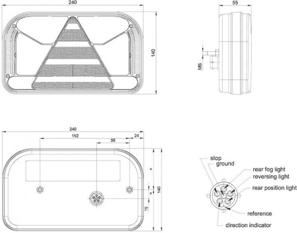 Achterlicht rechts 5 PIN's bajonet 240 x 140 x 55mm opbouw remlicht knipperlicht   achteruitrijlamp achterlicht lengte driehoek 152mm IP68 waterproof 