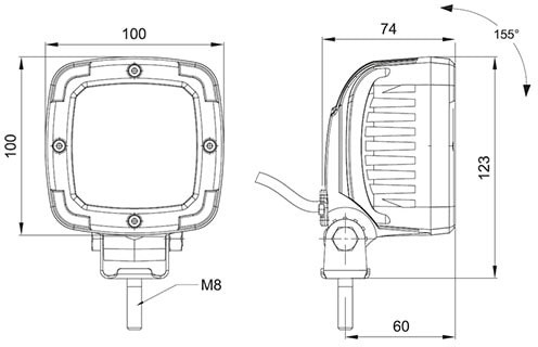 Werklamp IP68 9 x 1,5 Watt Osram LED's kabel 1m 12/55v 13,5 Watt 1700 Lumen 100 x 100 x 74mm ECE-R23 Driving Beam Bij 12 Volt / 17,60A Bij 24 Volt 7,8