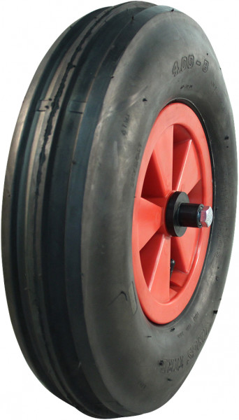 Luchtband + wiel 4.80/4.00-8 V-8502 4PR + 2.50Ax8 NL75 kruiwagenas 130mm kunststof rood