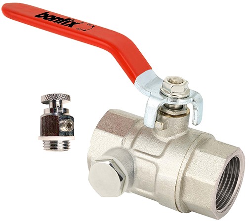 Straight ball valve female 1" with red handle and drian-of