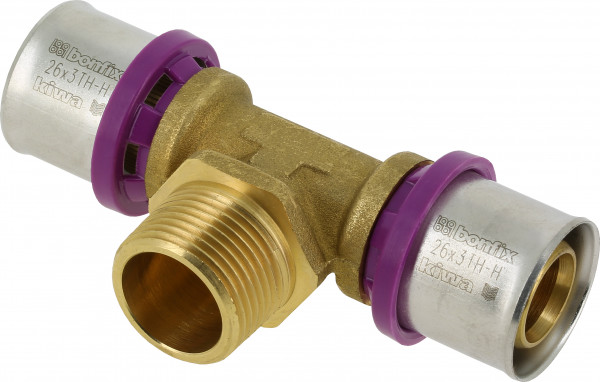 Bonfix Press Fitting - 2x Aluminium Press - 1x Male Thread - T-fitting - 26 x 3/4” x 26mm