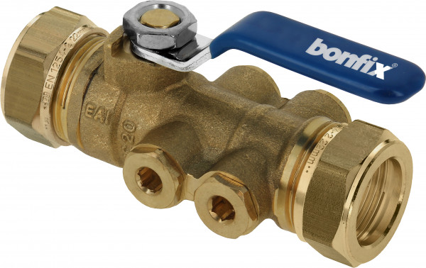 Ball valve w. backflow protection. compr. 22 x 22 mm