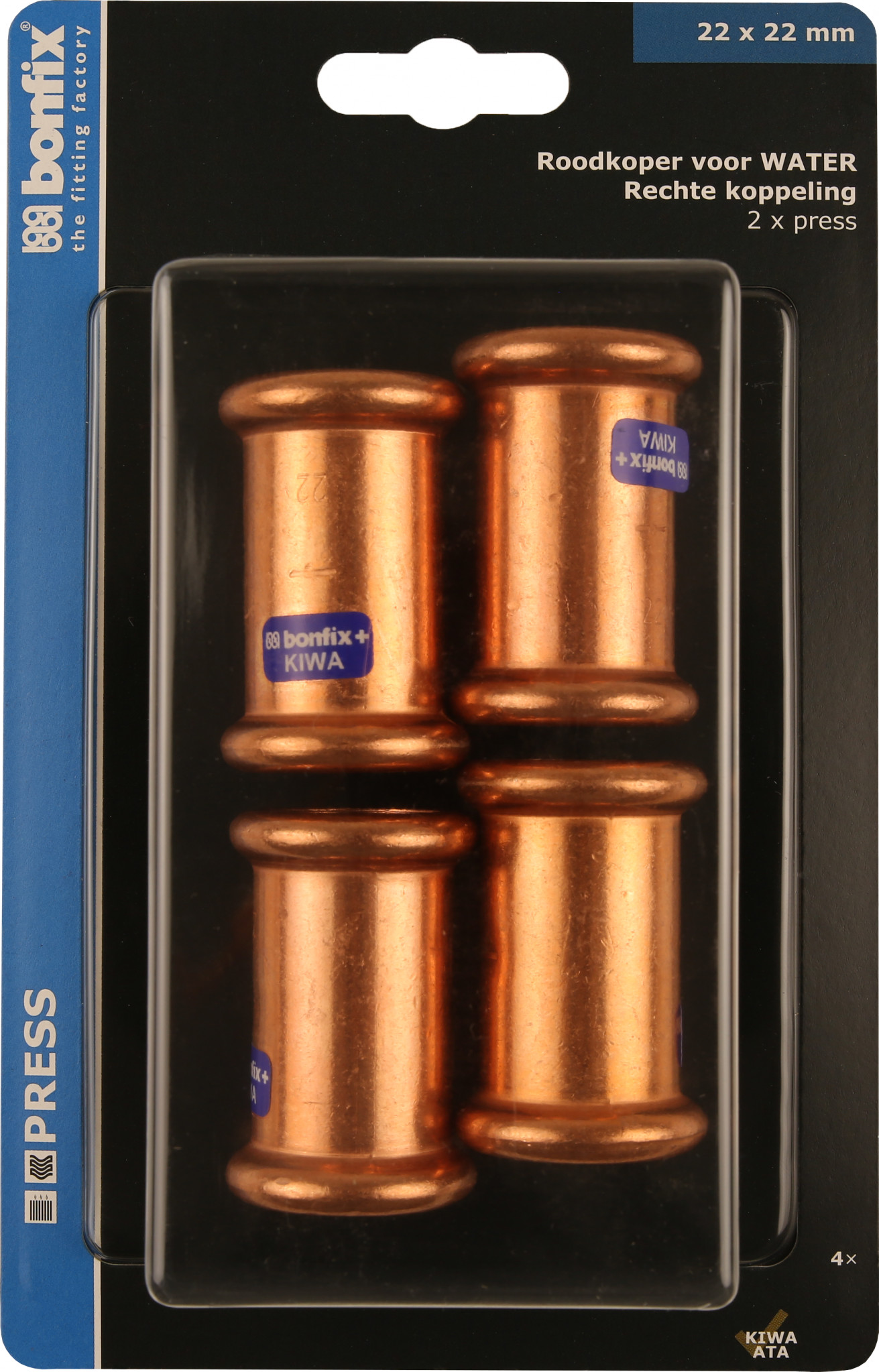 Bonfix Blisters: Pressfittingen roodkoper WATER Rechte koppeling 22 x 22