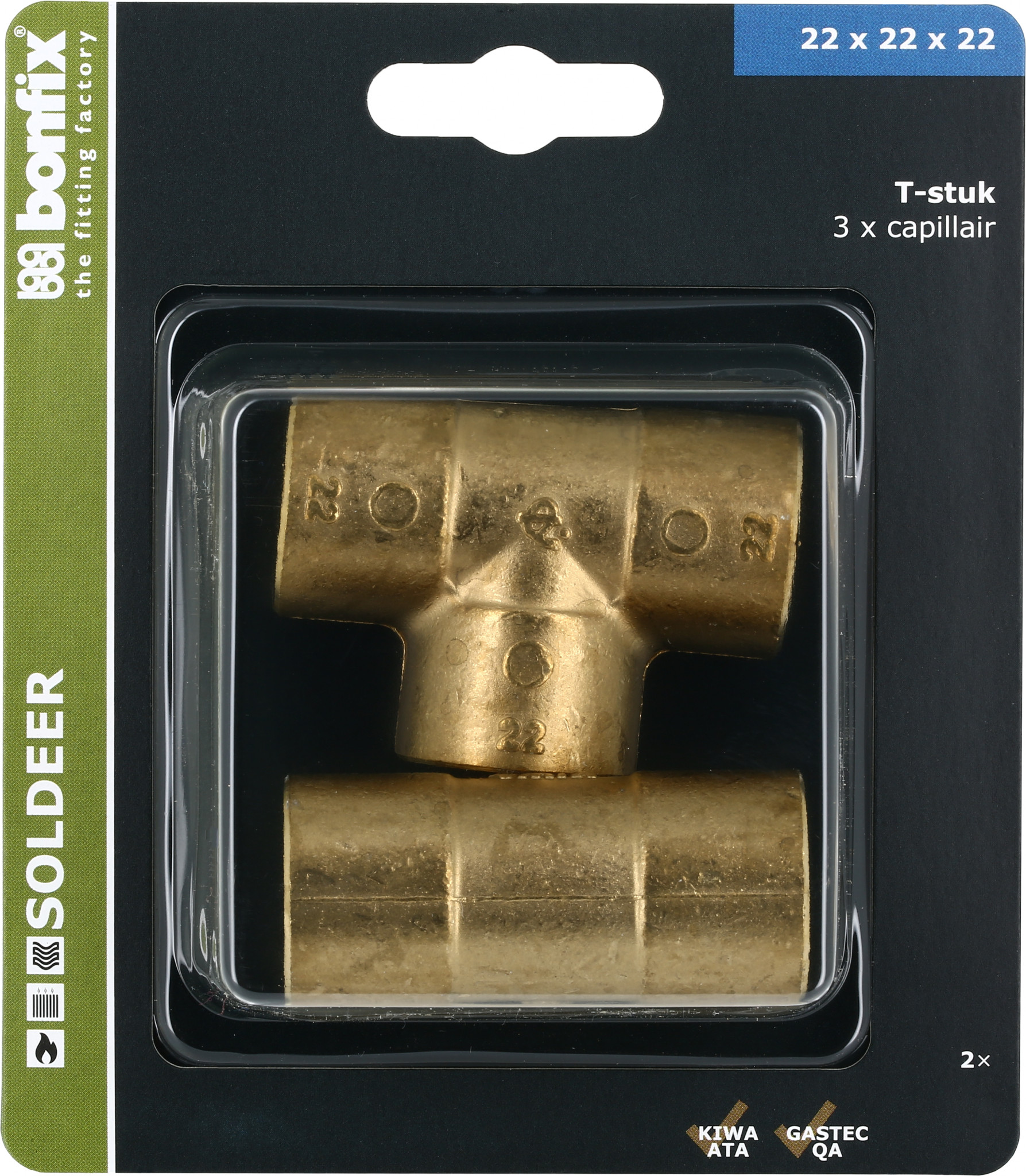 Bonfix Blisters: Messing soldeerfittingen T-stuk 22 x 22 x 22