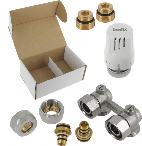 KIT angle H valve+thermostatic head+adapters 16/12+1\2"x3\4"