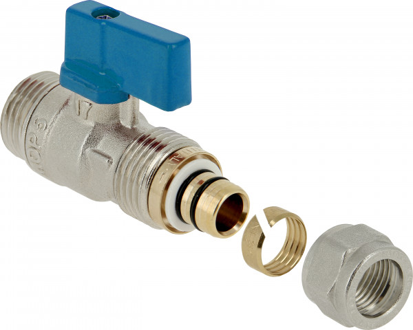 Bonfix Kugelhahn für Sammler - mit blauem Griff 1/2" x 16 - AG x Alu-Klemme