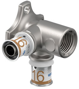 Uponor S-Press Plus Wandplatte + 90°-Bogen - Press x Innengewinde x Press - 16mm x 1/2" x 16mm - Smart Aqua - Kiwa