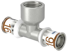 Uponor S-Press Plus Schraub-T-Stück 90° - Press x Innengewinde x Press - 16mm x 1/2" x 16mm - Messing - Kiwa