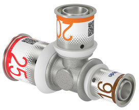 Uponor S-Press Plus Reduzier-T-Stück 90° - Press x Press x Press - 25mm x 20mm x 16mm - Messing - Kiwa