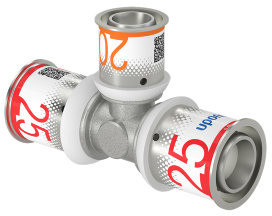 Uponor S-Press Plus transition T-piece 90° - press x press x press - 25mm x 20mm x 25mm - brass - Kiwa