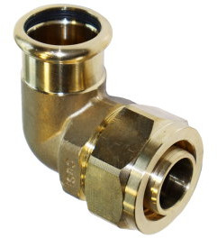 Henco - Übergangsknie 90° - Press x Klemm - 32mm x 28mm - Messing