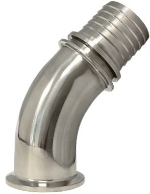 Triclamp Verschraubung - DIN 32676 - Schlauchtülle 45º Bogen 19mm - Flanschgröße 34mm - Mit Sicherungsbund - Edelstahl  - DIN