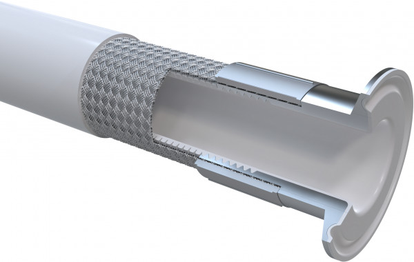 PTFE Hose with Stainless Steel 304 braided core and Silicone Cover – Complete with Tri Clamp Flanges – Flared PTFE Ends - DN25 - 1,5m